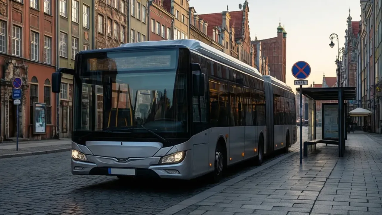 Autobus 6 w Gdańsku: Aktualna trasa, rozkład jazdy i transport publiczny Nowoczesny autobus 6 na przystanku w centrum Gdańska z widoczną architekturą Głównego Miasta w tle.